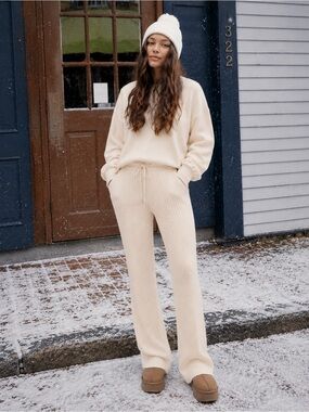 Weekend Stories Jaiden Ribbed Knit Pants Cream Silk Cashmere Flare Lounge Small